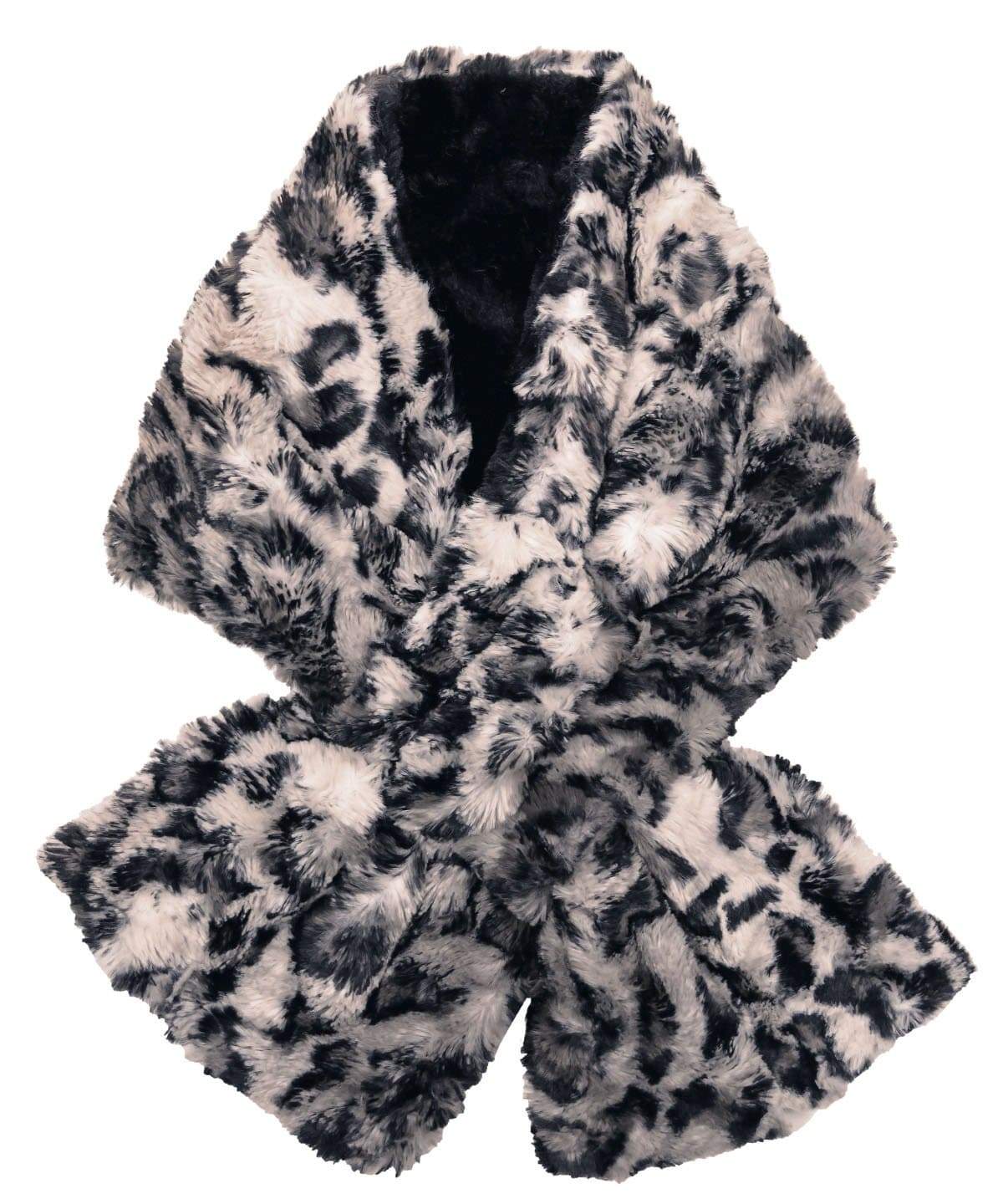 Product shot of Women’s reversible Pull Through Scarf | Savannah Cat Faux Fur Animal Print in black creams and grays with Cuddly Faux Fur in Black| Handmade in Seattle WA | Pandemonium Millinery