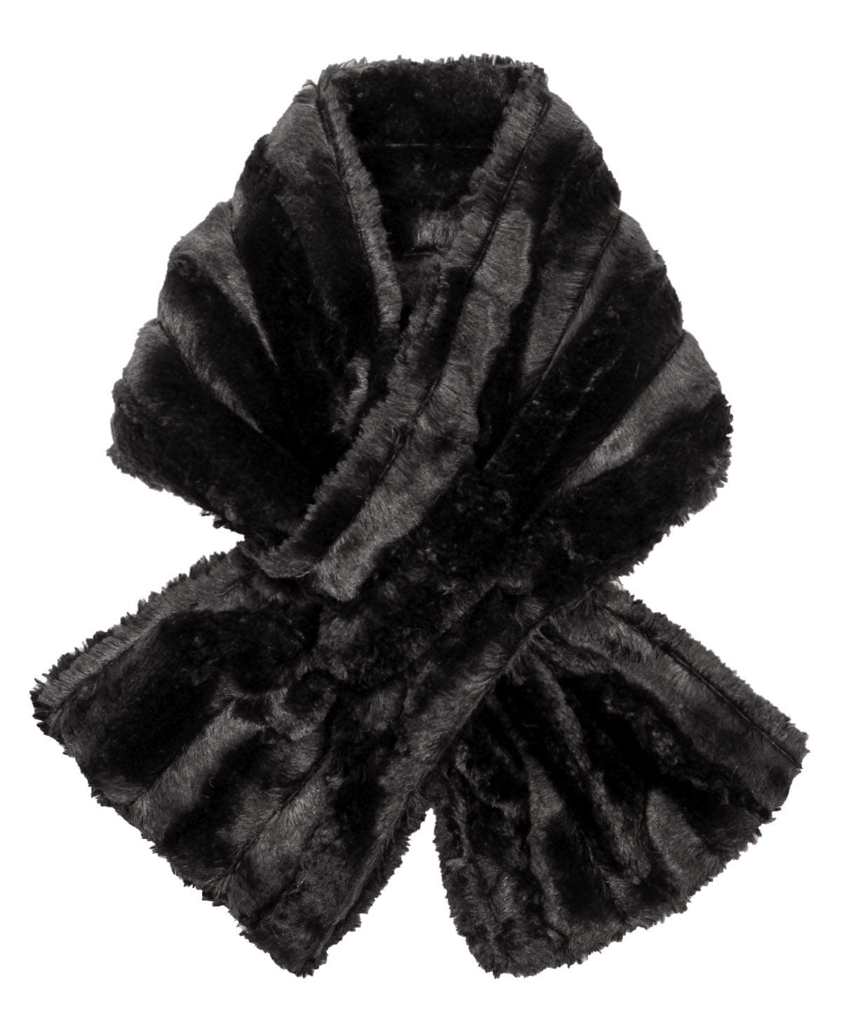 Product shot of reversible Pull Through Scarf |  Minky Black Faux Fur Handmade in Seattle WA | Pandemonium Millinery