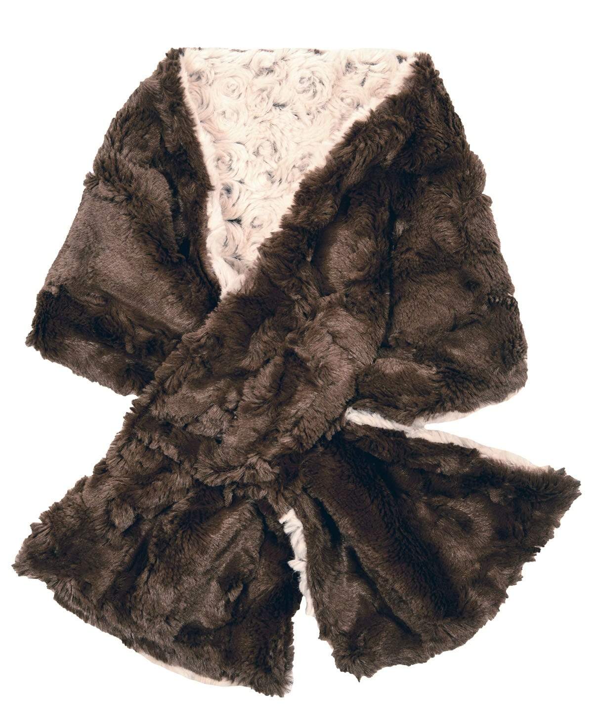 Women's reversible Pull Thru Scarf shown in reverse | Rosebud in Brown Faux  Fur with Cuddly Chocolate | Handmade By Pandemonium Seattle