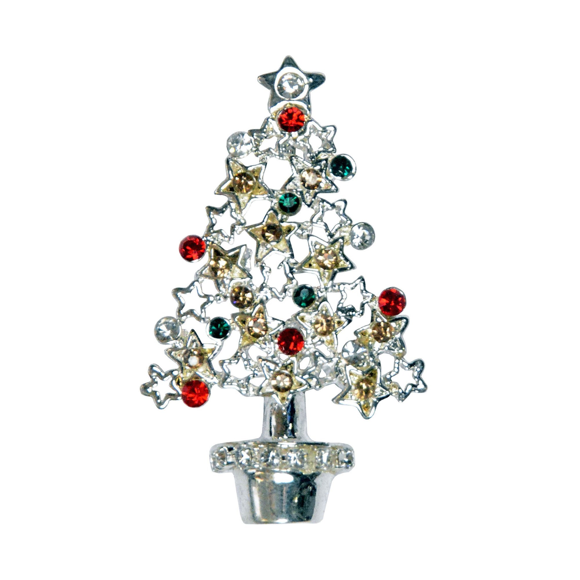 Christmas Tree Pin |Rhinstone Brooch with Red, Green and Gold decorative crystal Bulbs | Pandemoium Seattle 