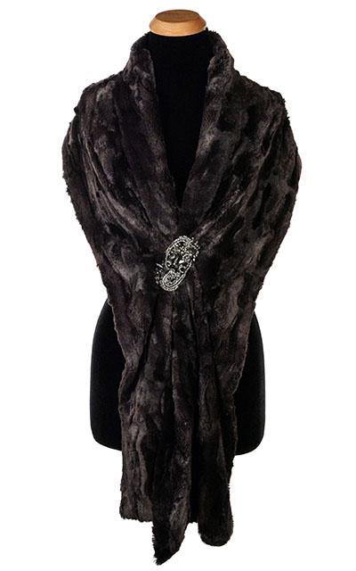 Rhinestone Brooch shown on Stole | Vignette in Gun Metal | Pandemonium Millinery