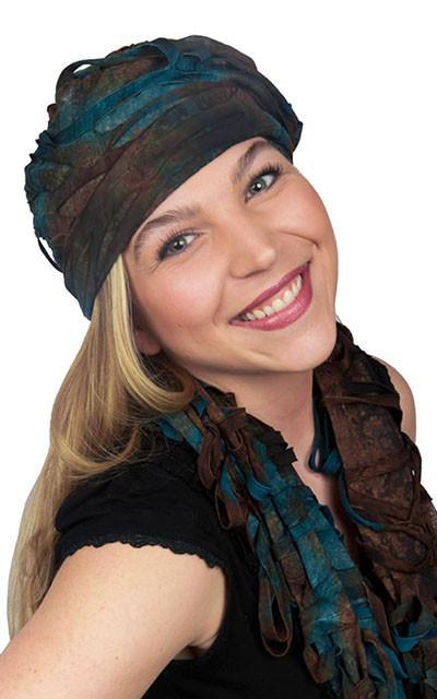 Rowdie Hat in Stratosphere on Model with Sunglasses  handmade in Seattle, WA USA by Pandemonium Millinery