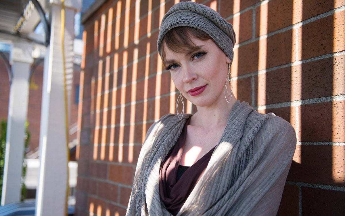 Model wearing Rowdie Hat in Earth with matching Handkerchief Scarf | Handmade by Pandemonium  Seattle