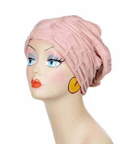  Sideview of Rowdie Hat in Entangled Romance in Dusty Rose |  Handmade by Pandemonium Seattle