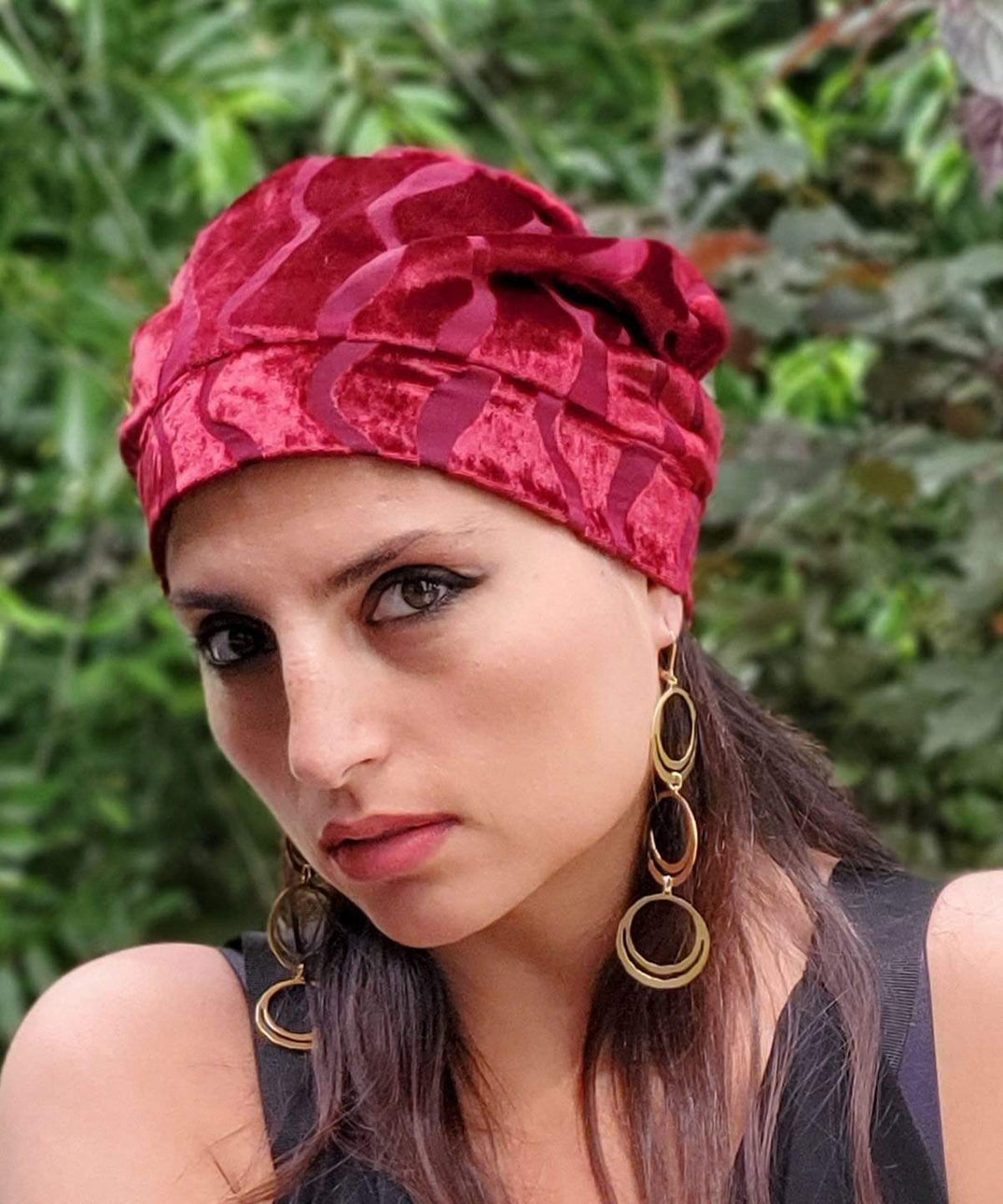 Model wearing Rowdie in Burnout Velvet Red Sea | Handmade by Pandemonium Millinery | Seattle WA USA