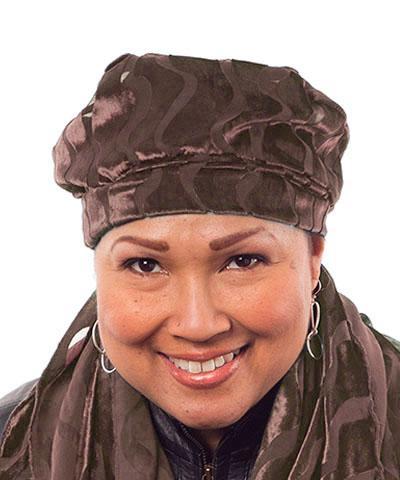 Woman wearing Rowdie in Burnout Velvet Java Sea | Handmade by Seattle WA | Pandemonium Millinery USA