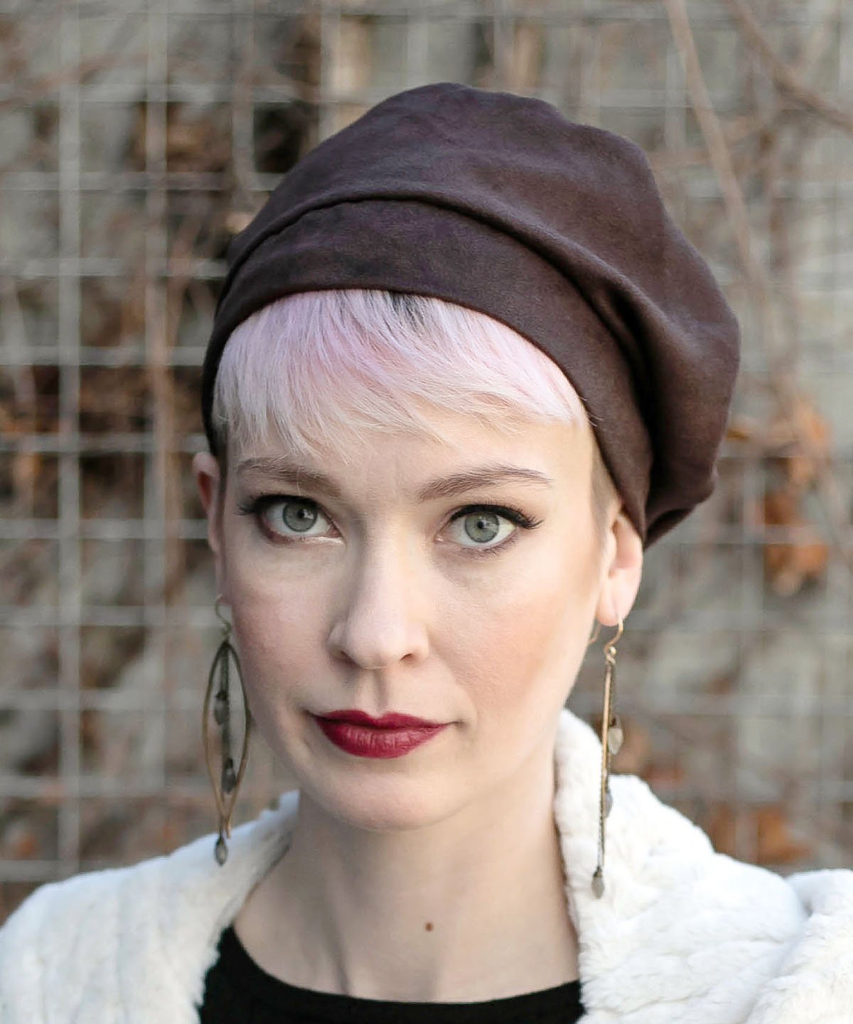 Woman wearing  Faux Suede in Chocolate Rowdie Hat |  Handmade By Pandemonium Seattle | Seattle WA USA
