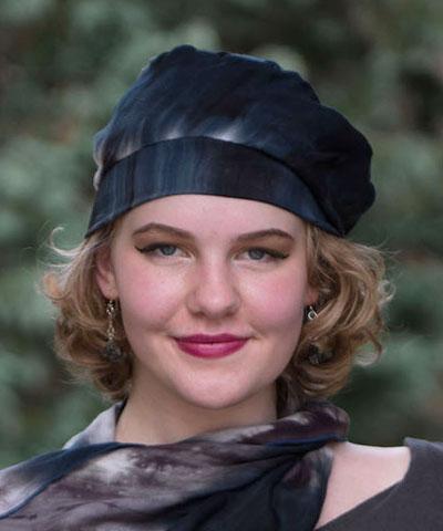 Front view  of Woman wearing Rowdie in Tea Time in Oolong Tea | Handmade By Pandemonium | Seattle WA USA