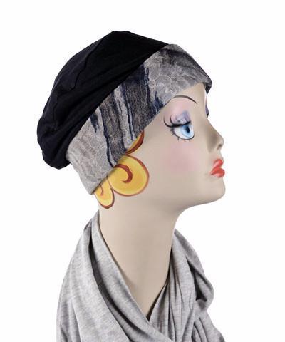Rowdie Hat in Lovely Lace in Blue Shown in the Reverse with Lining Abyss Jersey Knit featured | By Pandemonium Millinery