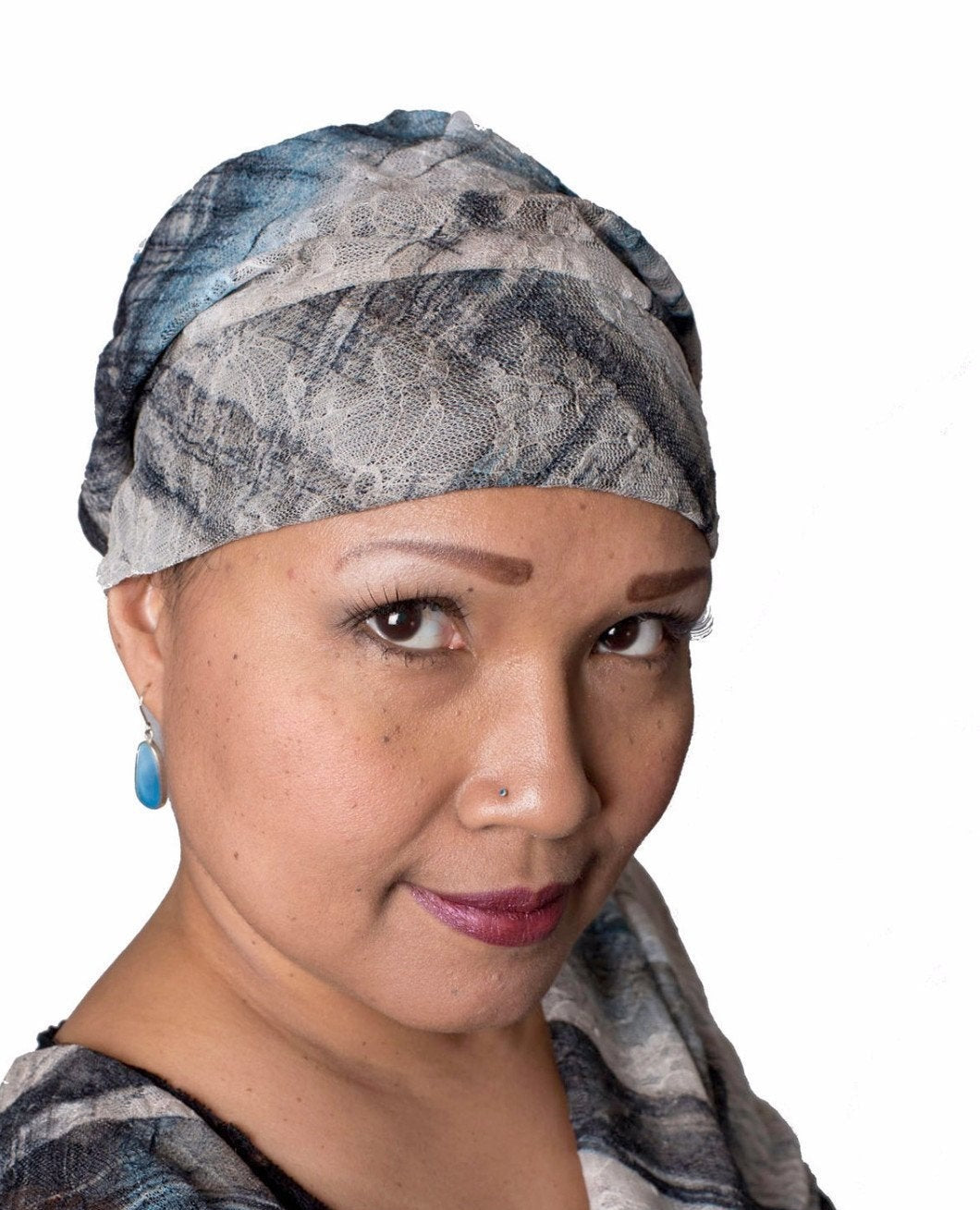 Modeling wearing Rowdie Hat in Lovely Lace in Blue with matching Eternity Loop Scarf | Handmade By Pandemonium  | Seattle WA USA