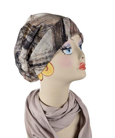 Rowdie Hat Shown in Lovely Lace in Pink with Star Dust Jersey Knit Handkerchief Scarf |  By Pandemonium Millinery