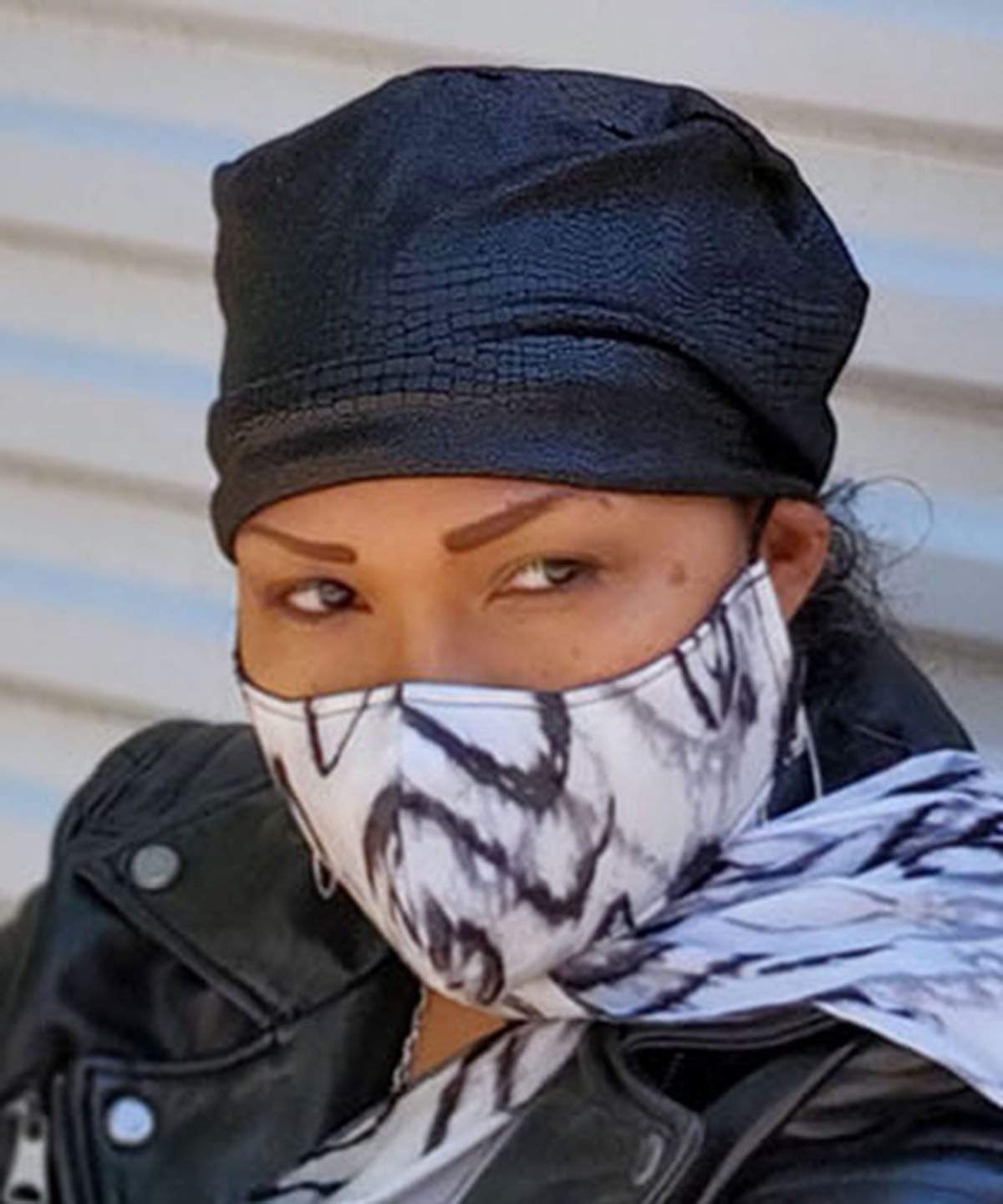 Model in Face mask wearing Rowdie Hat in Outback Faux Leather  | Pandemonium Seattle