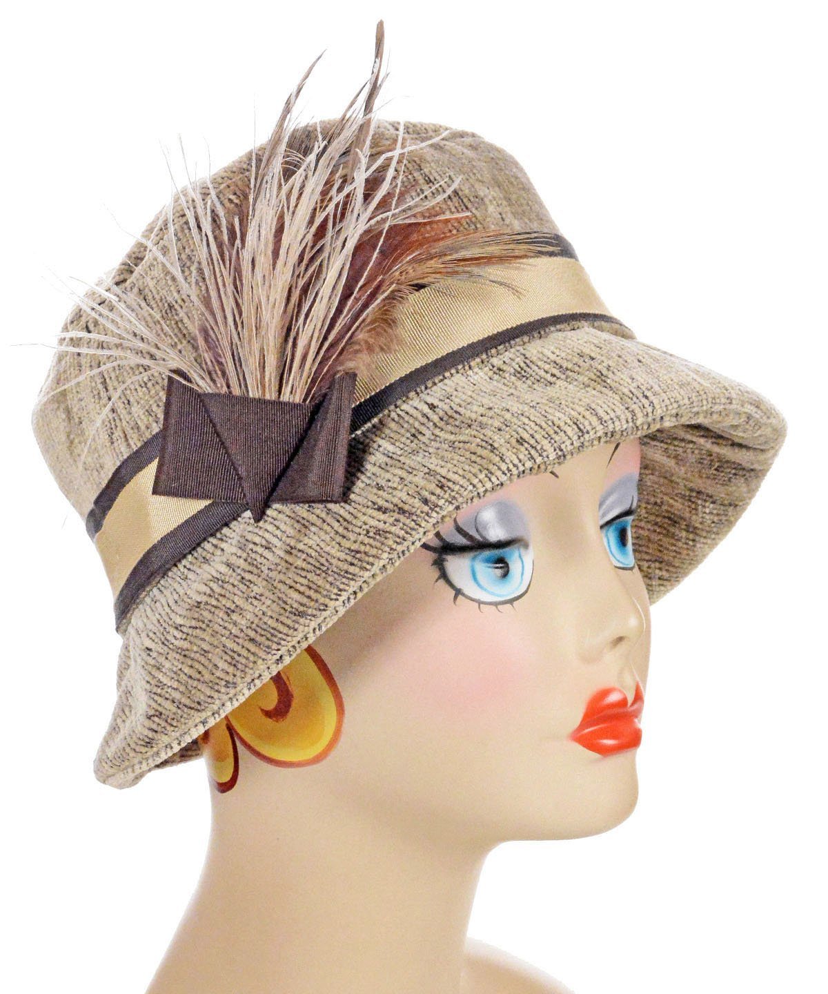 Samantha in Bongo in Beige | Chocolate and Beige Band featuring Feather Brooch | Handmade By Pandemonium Millinery | Seattle WA