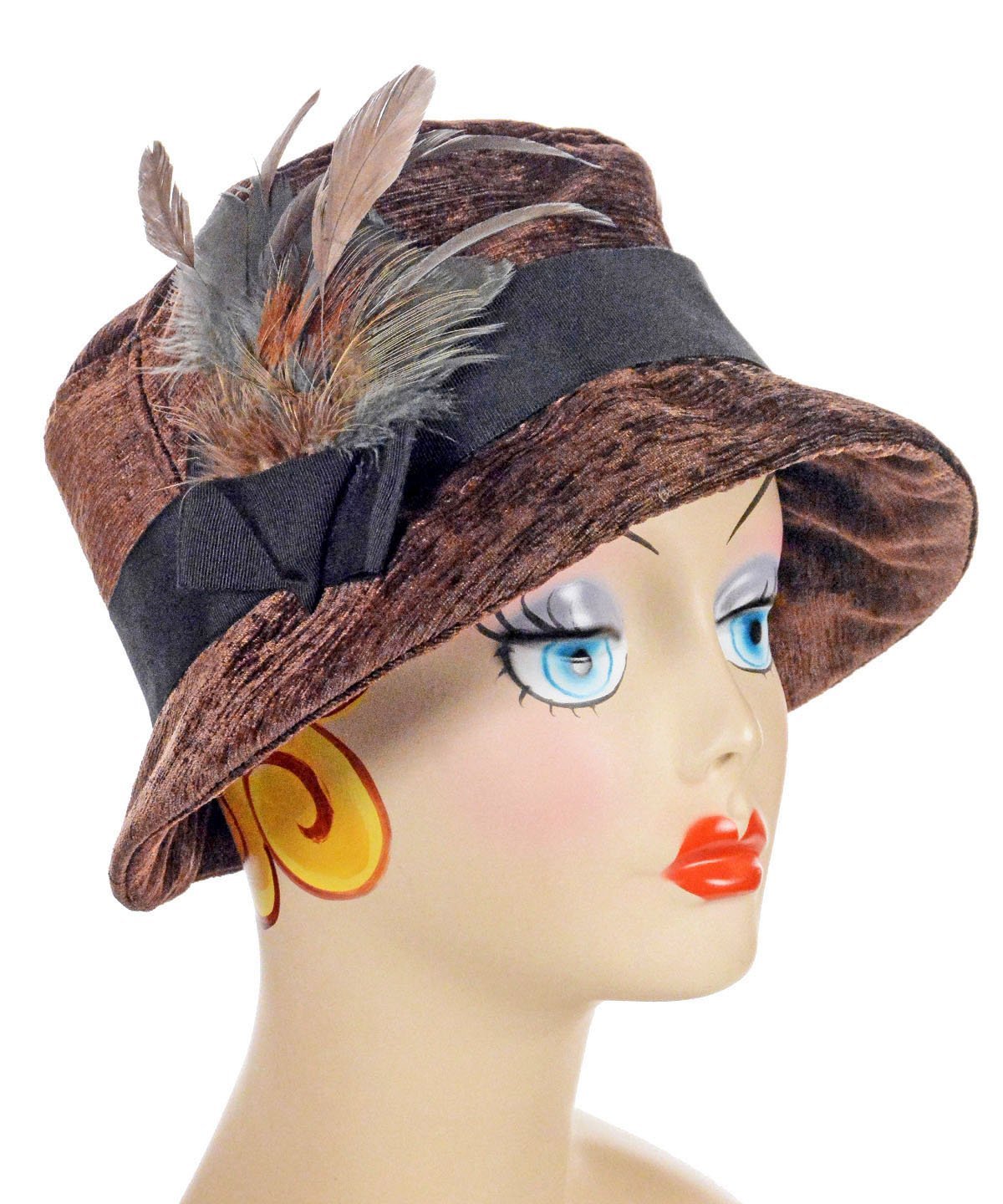 Samantha Hat in Chenille in Brown | A Double Band in Chocolate and Beige featuring Feather Brooch | Handmade By Pandemonium Millinery | Seattle WA
