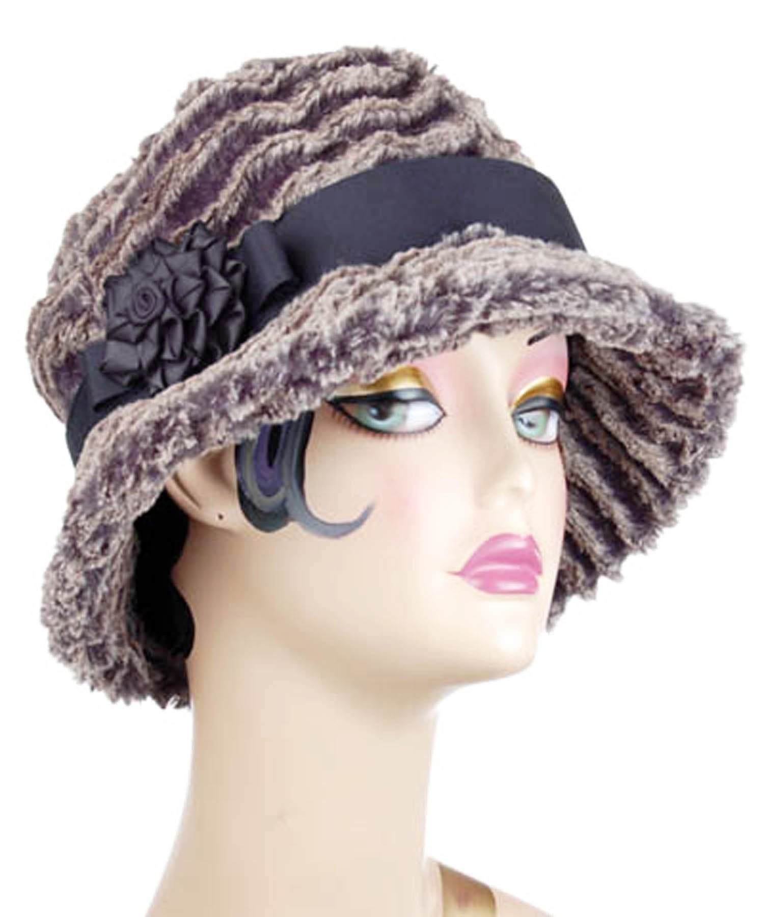 Samantha Hat in Desert Sand in Charcoal Faux Fur | Black Band featuring  Grizzly Feather Brooch | Handmade By Pandemonium Millinery | Seattle WA