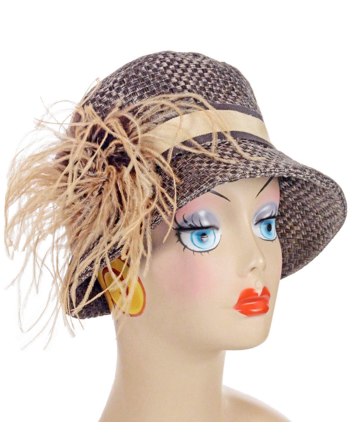 Samantha Hat in Interconnected in Java | Chocolate and Beige Band featuring a Carmel and Brown Ostrich Brooch | Handmade By Pandemonium Millinery | Seattle WA