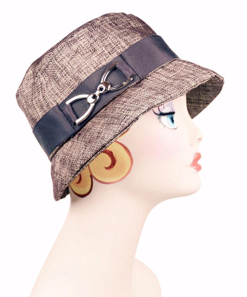 Samantha Hat in Liam Upholstery Fabric | Chocolate Band with Rhinestone Brooch | Handmade By Pandemonium Millinery | Seattle WA