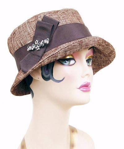 Samantha Hat in Liam Upholstery Fabric | Chocolate Band with Rhinestone Brooch | Handmade By Pandemonium Millinery | Seattle WA