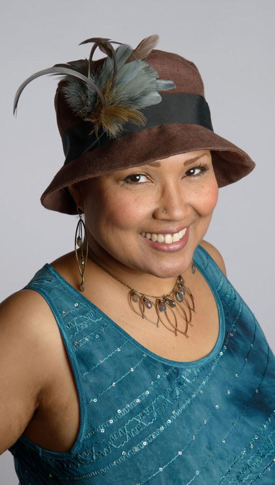 Samantha Hat linen in Chocolate | Multicolor Band in yellow, pink and green with Olive Flower Brooch | Handmade By Pandemonium Millinery | Seattle WA