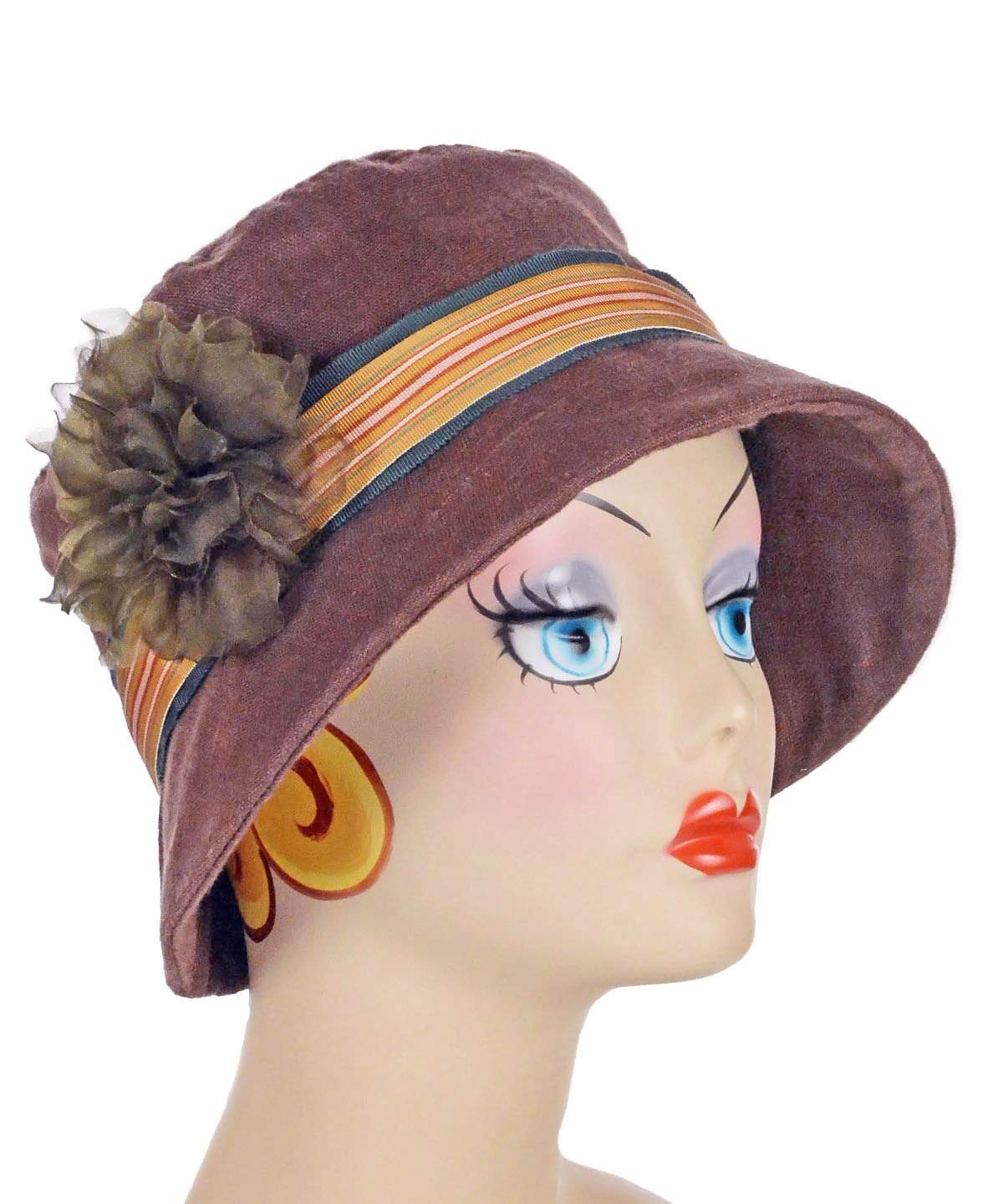 Samantha Hat linen in Chocolate | Multicolor Band in yellow, pink and green with Olive Flower Brooch | Handmade By Pandemonium Millinery | Seattle WA