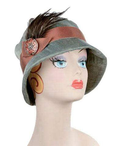 Samantha Hat Linen in Juniper |  Rust Band featuring Rust Feather Brooch with Rust Glass Button| Handmade By Pandemonium Millinery | Seattle WA