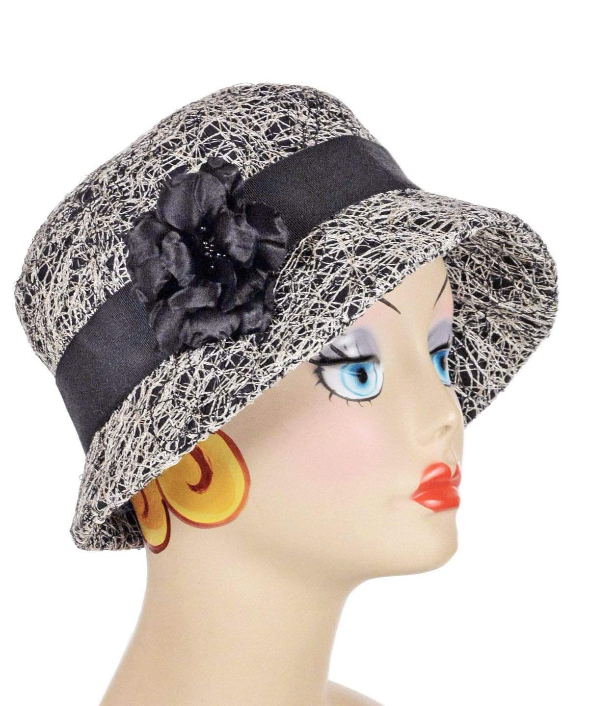Model wearing Samantha Hat Luna in Black | Black Grosgrain Band with Black Grosgrain and Feather Brooch | Handmade By Pandemonium Millinery | Seattle WA