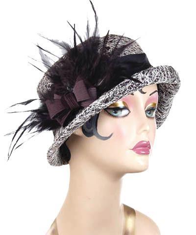 Samantha Hat Luna in Black | Black Grosgrain Band with Black Satin Bow and Feather Brooch | Handmade By Pandemonium Millinery | Seattle WA