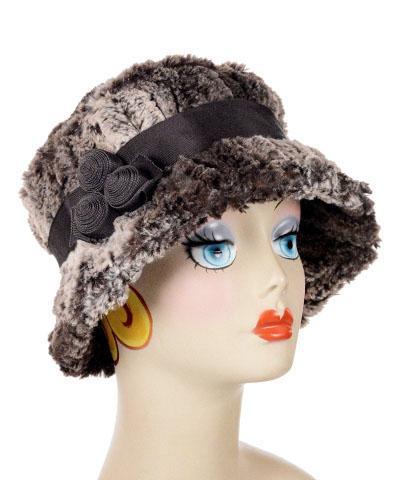 Samantha Hat Chinchilla Brown Faux Fur | Chocolate Grosgrain Band featuring three Rosettes Brooch | Handmade By Pandemonium Millinery | Seattle WA