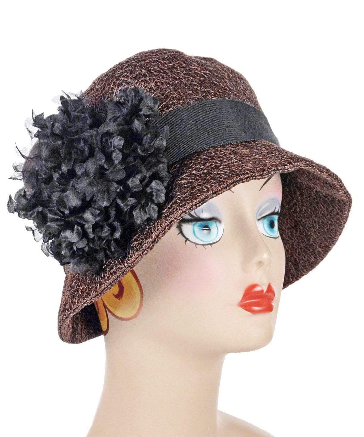 Samantha Hat Tumbleweed in Chocolate Upholstery Fabric | Black Grosgrain Band with Custom Black Flower Brooch | Handmade By Pandemonium Millinery | Seattle WA