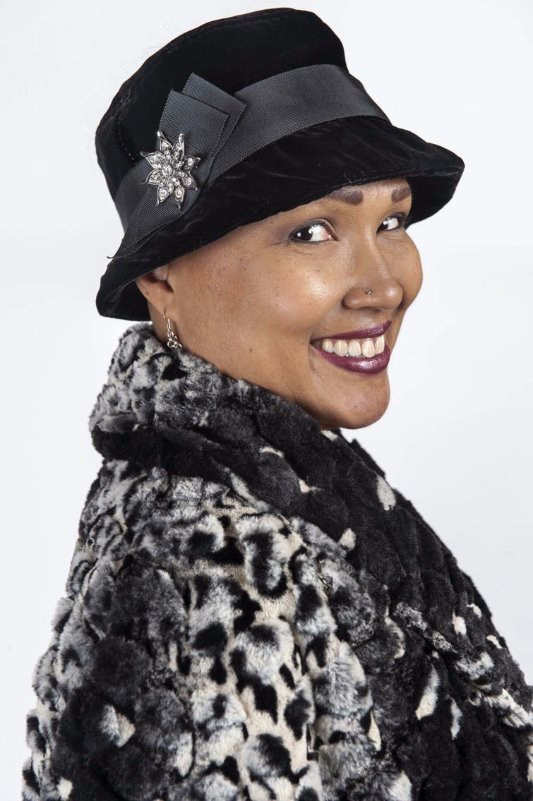 Model shot of Samantha Hat in Black Velvet | Handmade in Seattle, WA USA | Pandemonium Millinery