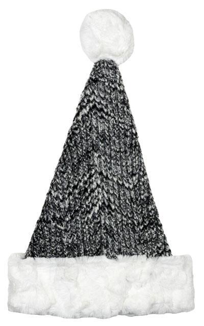 Flat Shot of Santa Hat in Cozy Cable in Ash Faux Fur with Cuddly Ivory Cuff handmade by Pandemonium Millinery in Seattle WA USA