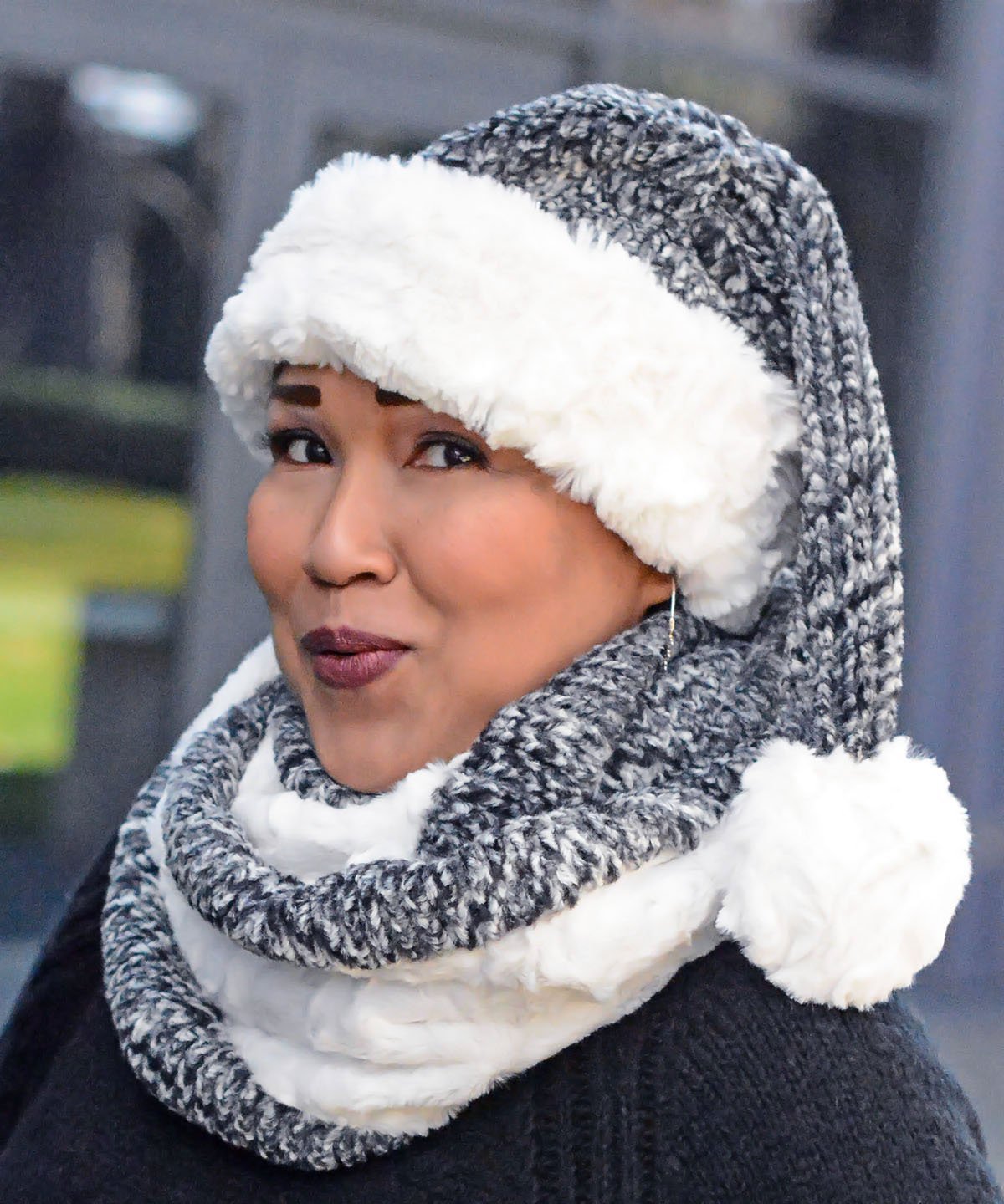 Model wearing Santa Hat in Cozy Cable in Ash Faux with Cuddly Faux Fur in Ivory cuff with matching Neck Cowl |Pandemonium Millinery | Seattle WA USA