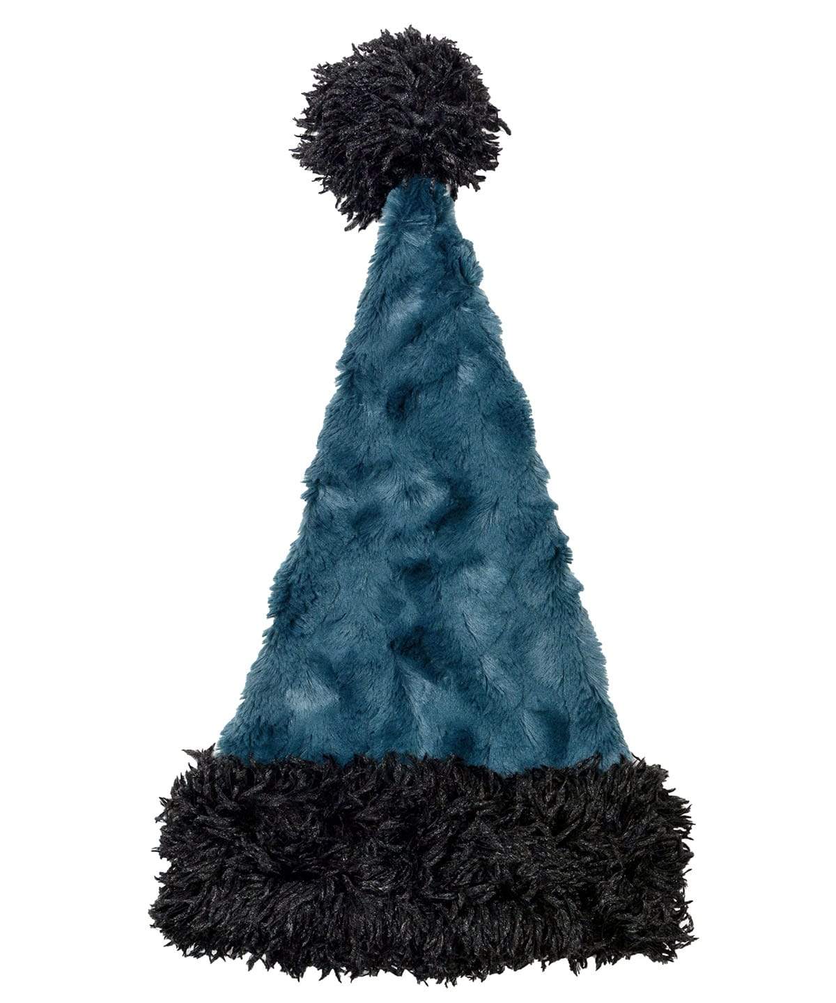 Headshot of Model wearing Santa Hat in Cuddly Black Luxury Faux Fur with Black Swan Cuff and Pom | Handmade in Seattle WA | Pandemonium Millinery
