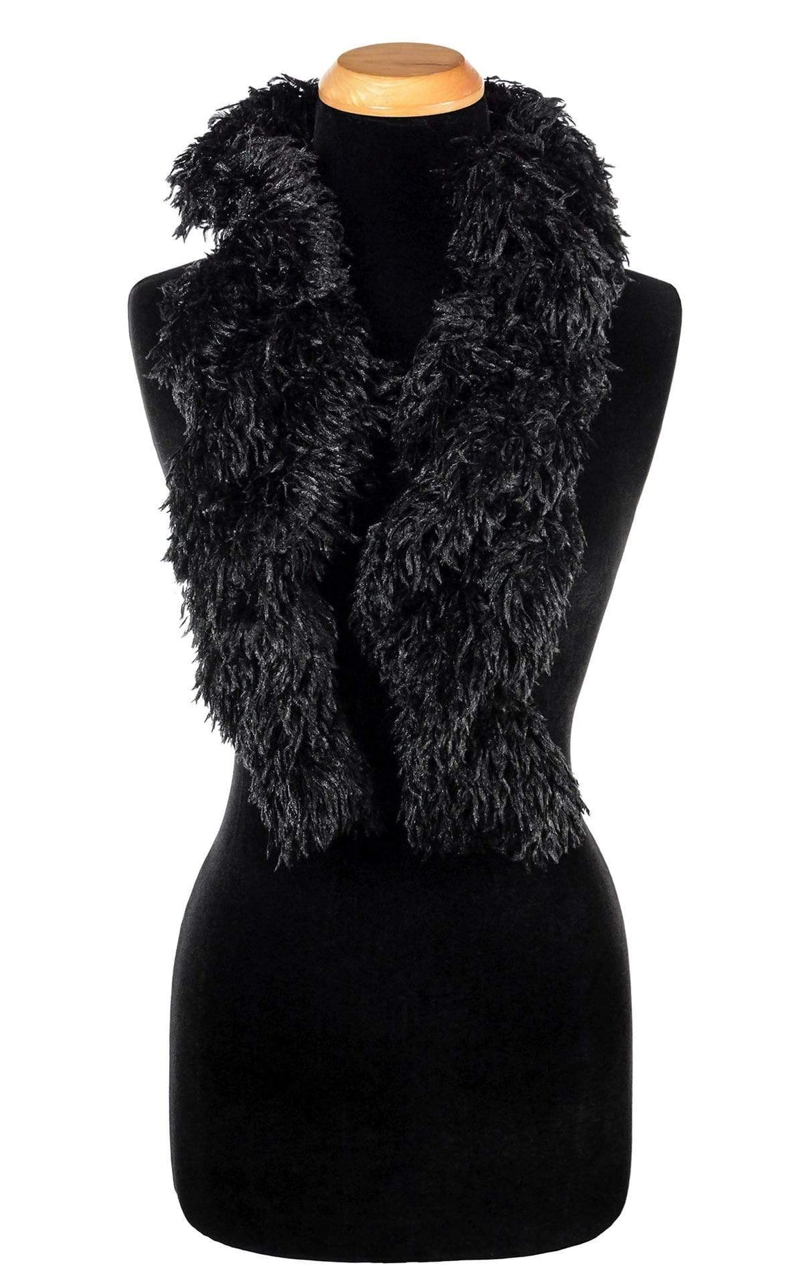 Product shot of Women’s Scrunchy Scarf | Black Swan Faux Feather fabric | Handmade in Seattle WA | Pandemonium Millinery