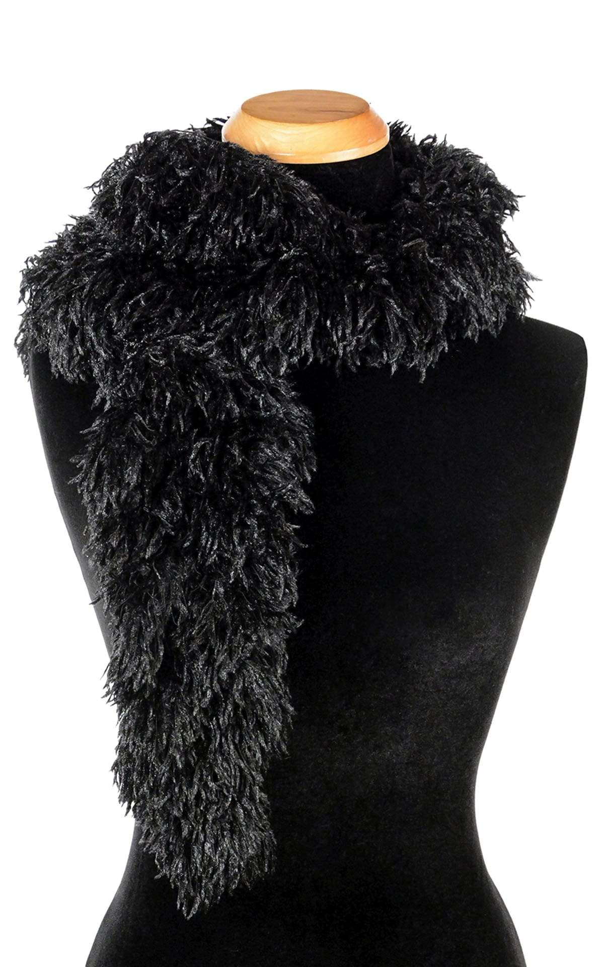 Product shot of Women’s Ruffle Scarf | Black Swan Faux Feather fabric | Handmade in Seattle WA | Pandemonium Millinery