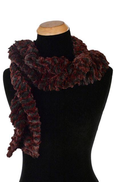 Product shot of Women’s Scrunchy Scarf | Desert Sand in Crimson embossed faux fur red and black | Handmade in Seattle WA | Pandemonium Millinery