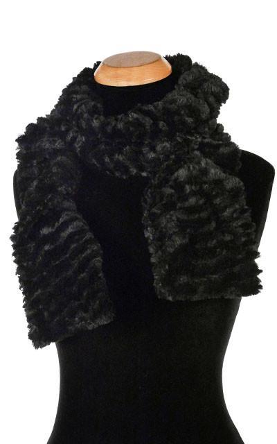 Women’s ruffle Scarf | Desert Sand in Midnight embossed faux fur in  black | Handmade in Seattle WA | Pandemonium Millinery