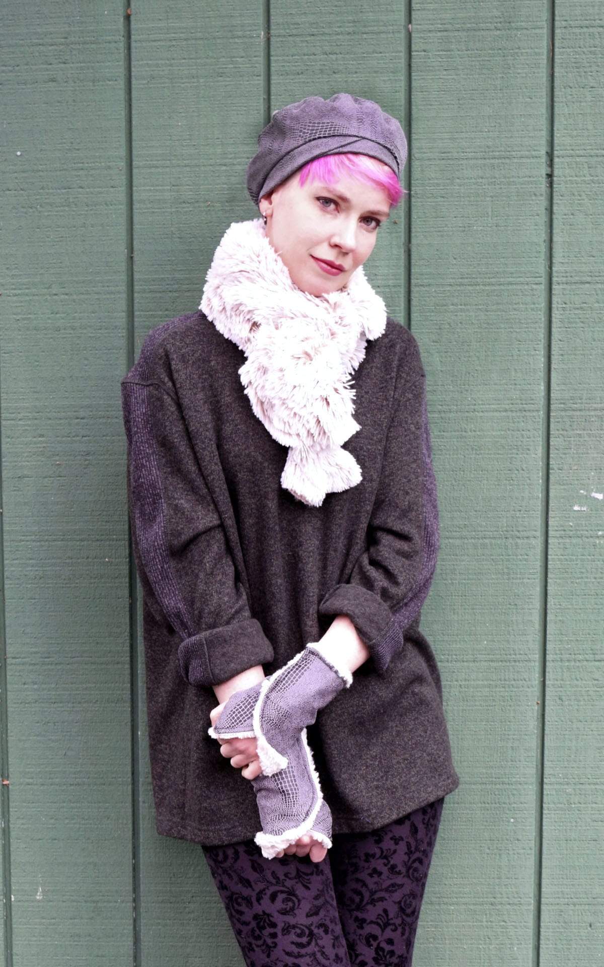 woman wearing a Scrunchy Scarf | Foxy Beach Faux Fur | handmade in Seattle, WA by Pandemonium Millinery USA
