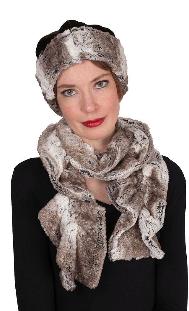 Women wearing Beanie hat and matching Scrunchy Scarf | Birch Faux Fur, Brown and Ivory | Handmade in Seattle WA Pandemonium Millinery