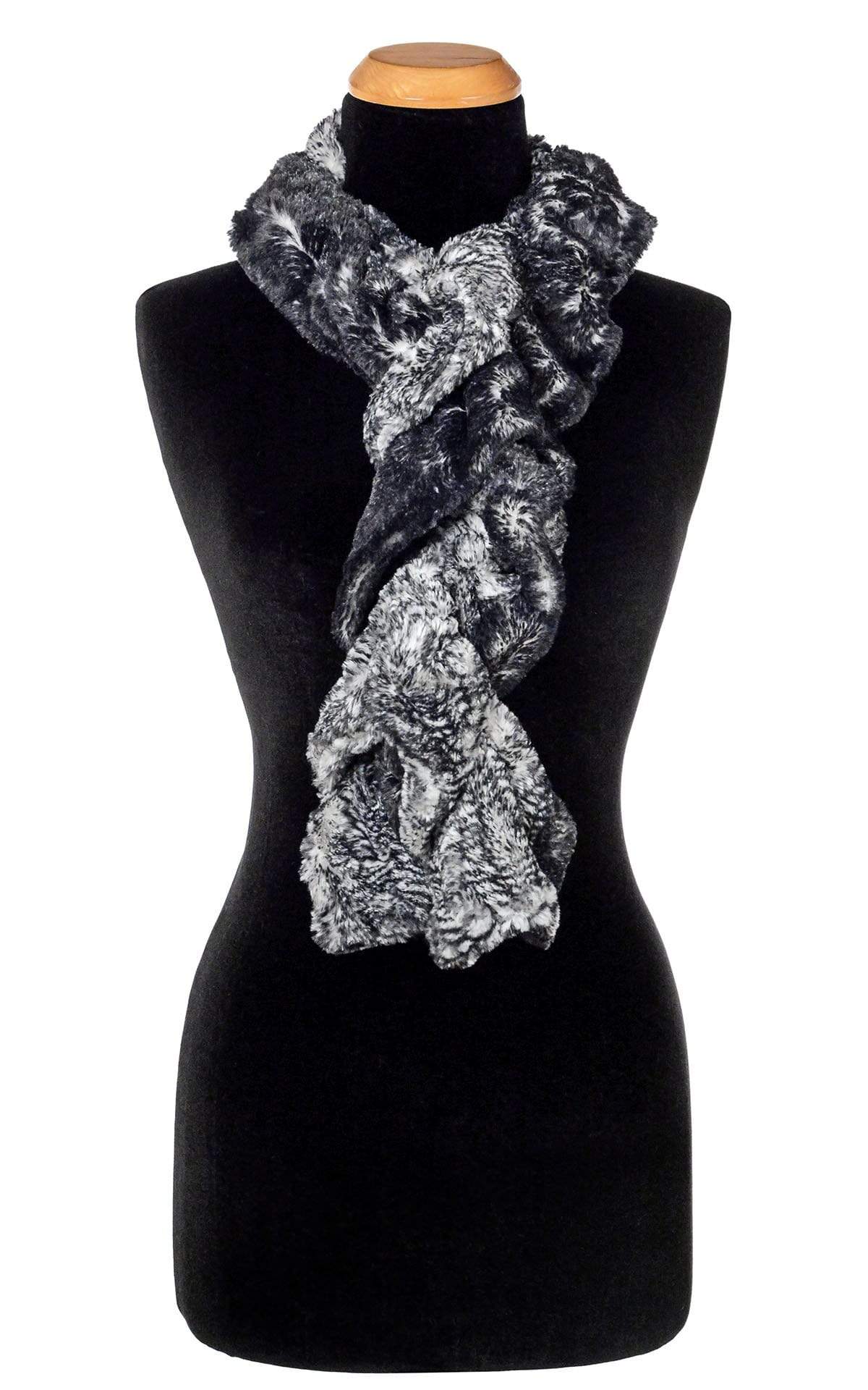 Product shot of Women’s Scrunchy Scarf shown twisted | Black Mamba Snake Print in Black and Ivory | Handmade in Seattle WA | Pandemonium Millinery