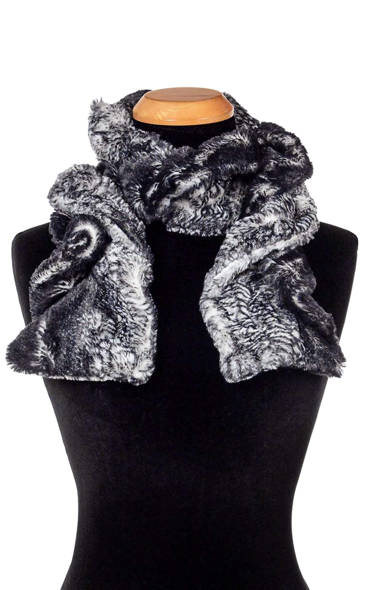 Product shot of Women’s Scrunchy Ruffled Scarf | Black Mamba Snake Print in Black and Ivory | Handmade in Seattle WA | Pandemonium Millinery
