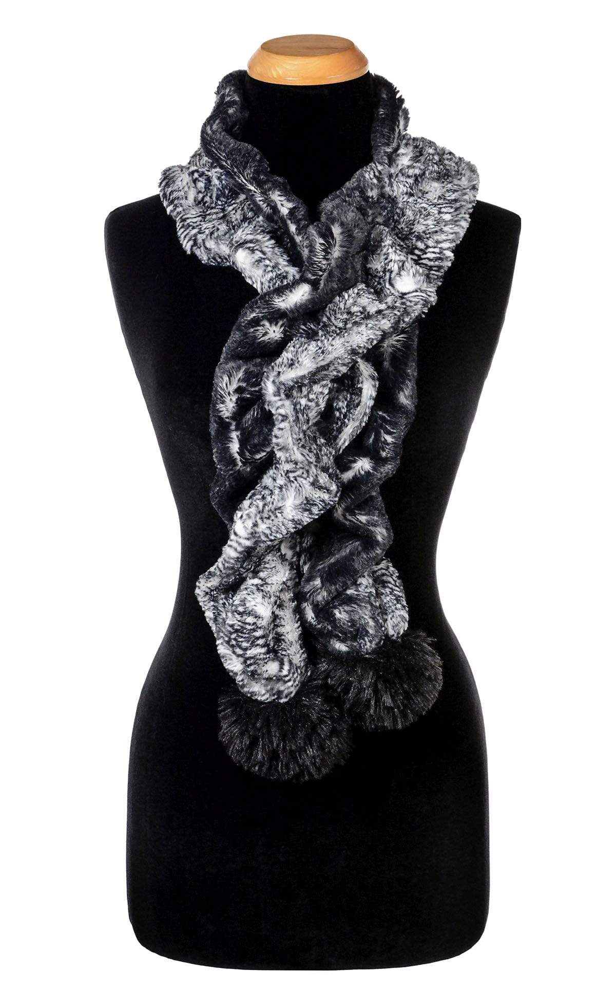 Women’s Scrunchy Scarf with pom poms| Black Mamba Snake Print in Black and Ivory | Handmade in Seattle WA | Pandemonium Millinery