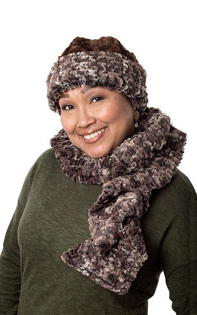 Model wearing a Ana Cloche Hat and Scrunchy Scarf in Calico Faux Fur by Pandemonium Millinery | Seattle, WA  USA