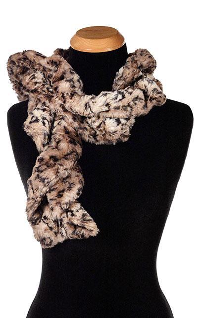 Product shot of Women’s Scrunchy Scarf | Carpathian Lynx animal print faux fur in browns and creams k | Handmade in Seattle WA | Pandemonium Millinery