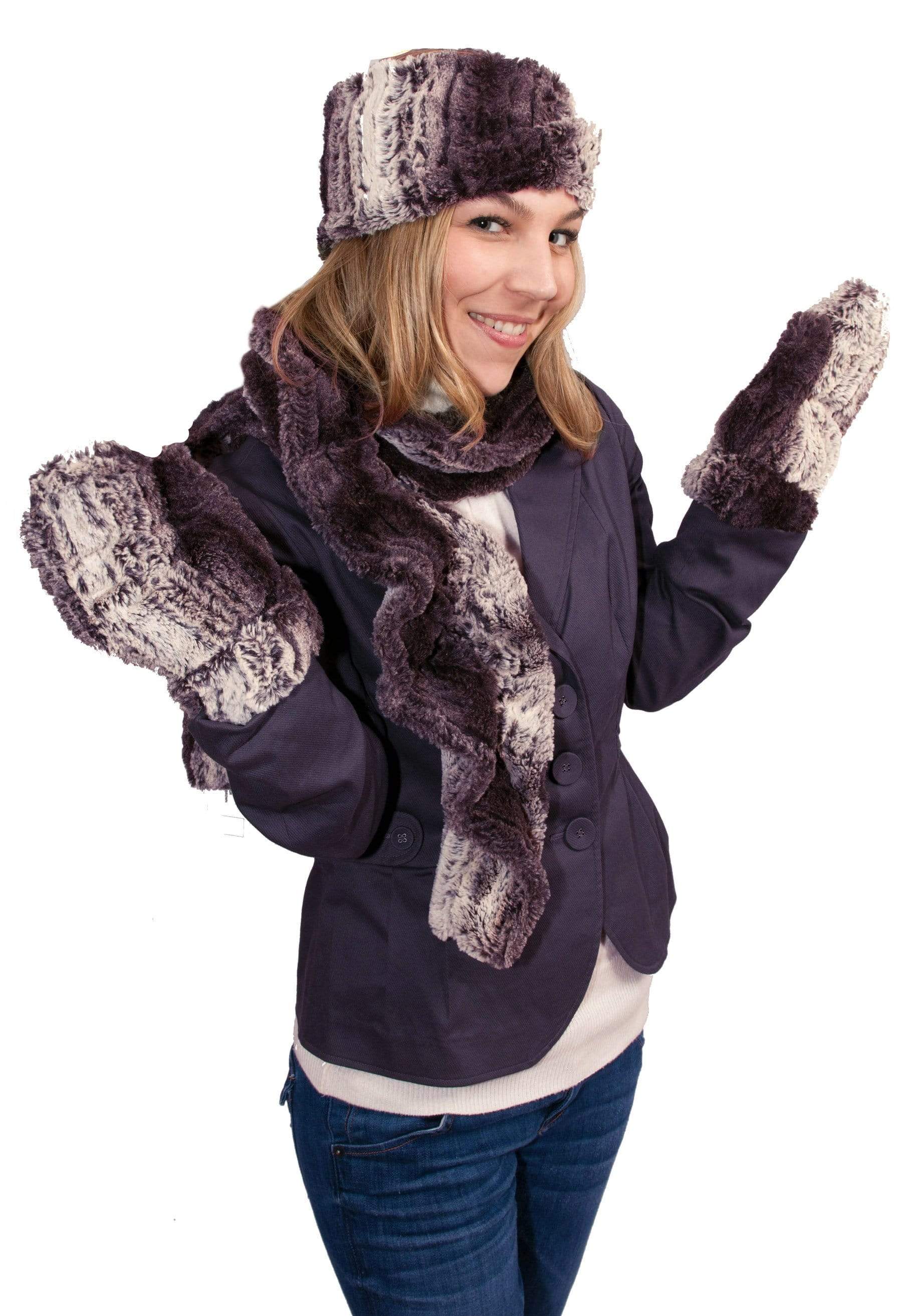 Product shot of Women’s Scrunchy Scarf | Chinchilla in Brown, Chocolate and Cream Faux Fur | Handmade in Seattle WA | Pandemonium Millinery