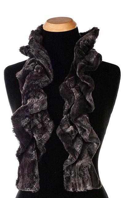 Product shot of Women’s Scrunchy Scarf | Espresso Bean faux fur dark chocolate browns and black | Handmade in Seattle WA | Pandemonium Millinery
