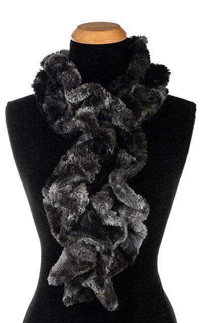 Product shot of Women’s Scrunchy Scarf | Highland in Skye faux fur a tie-dyed of navy, blue, and grays | Handmade in Seattle WA | Pandemonium Millinery