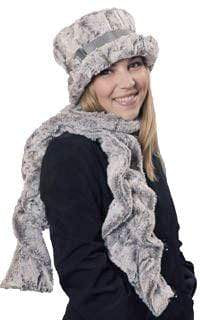 Model in faux fur Scrunchy Scarf and matching Bucket Hat  Khaki , Ivory and Green faux fur| Handmade in Seattle WA | Pandemonium Millinery