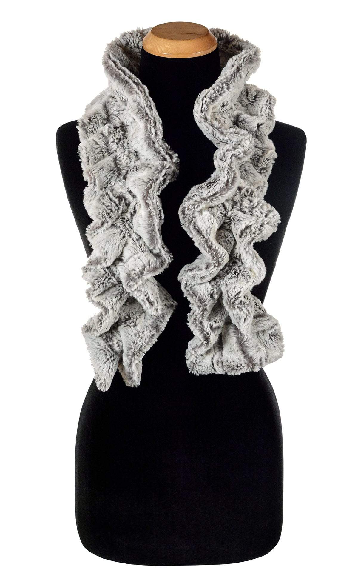 Product shot of Women’s ruffled Scarf | Khaki a grayish and off-white Faux Fur | Handmade in Seattle WA | Pandemonium Millinery