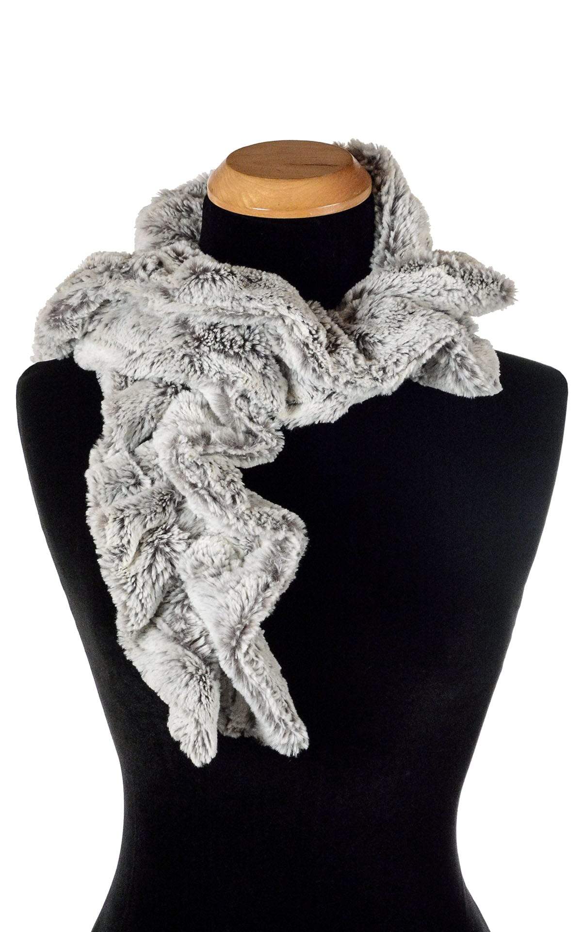 Product shot of Women’s Scrunchy Scarf | Khaki a grayish and off-white Faux Fur | Handmade in Seattle WA | Pandemonium Millinery